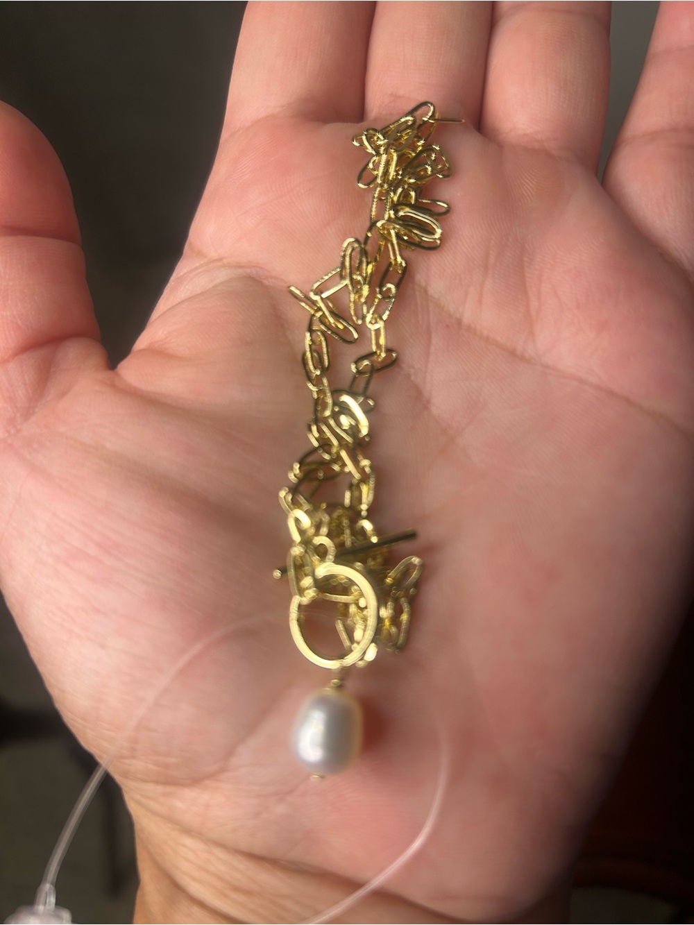 Gold Link Bracelet with Pearl Charm - Women Jewelry
